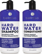 Bellisso hard water shampoo bottle demonstrates mineral chelation for cleaner, lighter hair.