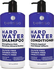 Bellisso hard water shampoo bottle demonstrates mineral chelation for cleaner, lighter hair.