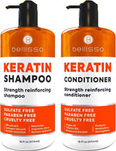 Bellisso Keratin Shampoo bottle close-up highlighting nourishing care for damaged hair