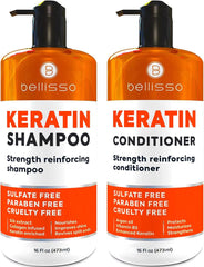 Bellisso Keratin Shampoo bottle close-up highlighting nourishing care for damaged hair
