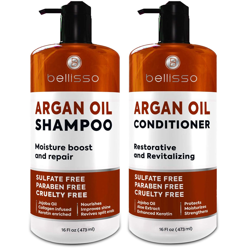 Bellisso Moroccan Argan Oil Shampoo bottle showing hydration and radiant shine.