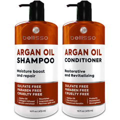 Bellisso Moroccan Argan Oil Shampoo bottle showing hydration and radiant shine.