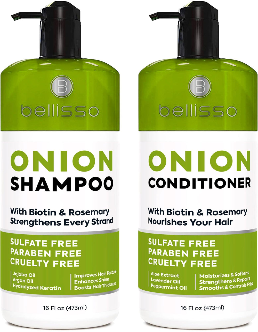 Bellisso Onion Shampoo bottle front emphasizing the thickening formula for fuller-looking hair.