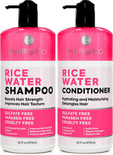 Bellisso Rice Water Shampoo bottle highlighting nourishing formula for thinning hair and fuller appearance.