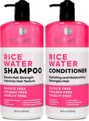 Bellisso Rice Water Shampoo bottle highlighting nourishing formula for thinning hair and fuller appearance.