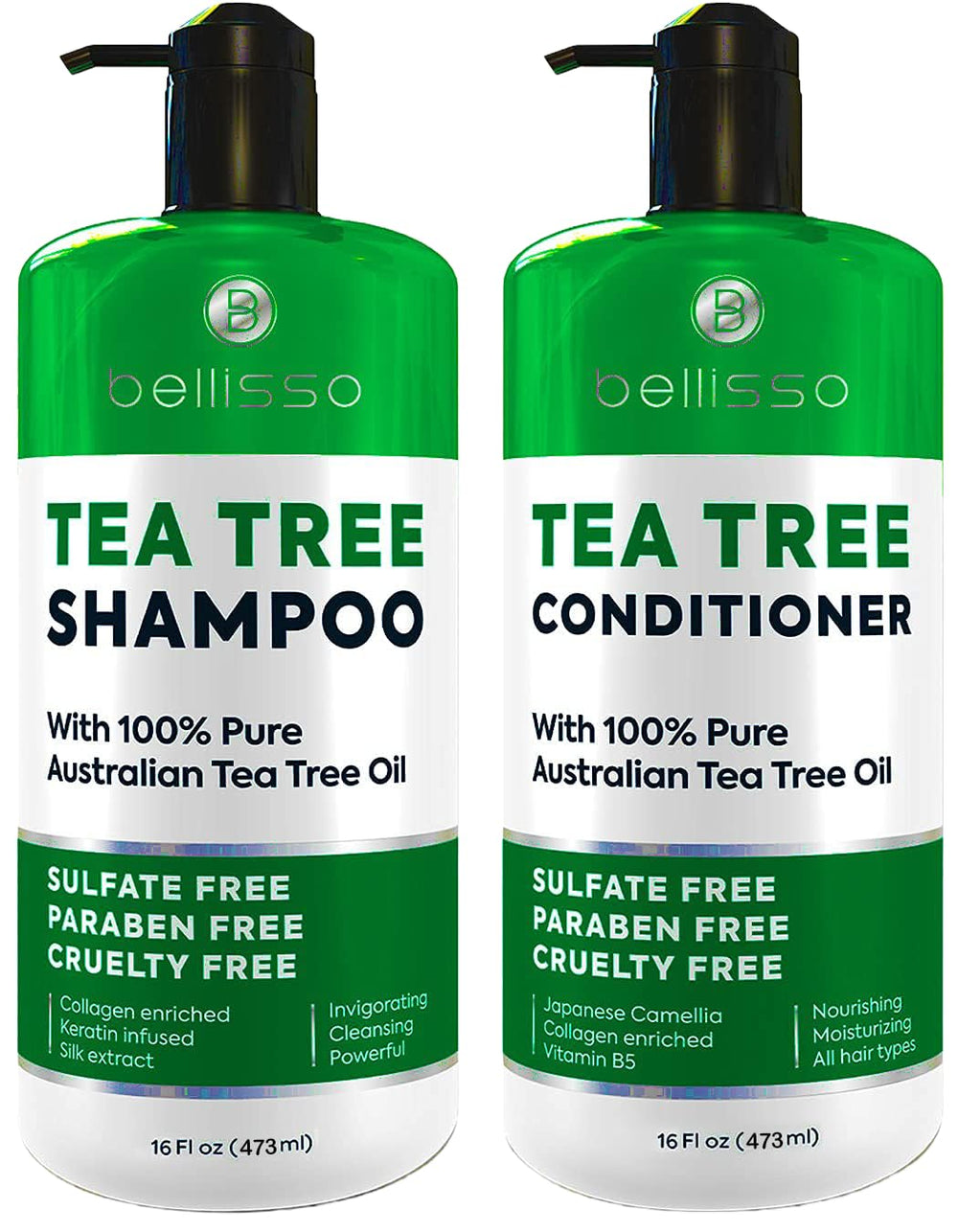 Bellisso Tea Tree Shampoo bottle pouring, soothing scalp with natural tea tree oil