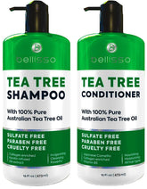 Bellisso Tea Tree Shampoo bottle pouring, soothing scalp with natural tea tree oil