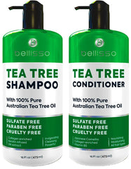 Bellisso Tea Tree Shampoo bottle pouring, soothing scalp with natural tea tree oil