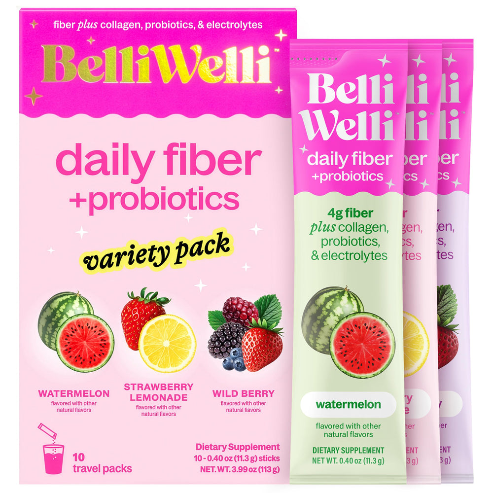 The Belli Welli daily fiber stickpacks variety box supports digestion and regularity.