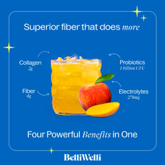 Belli Welli peach mango flavor powder beside a glass for tasty daily intake.