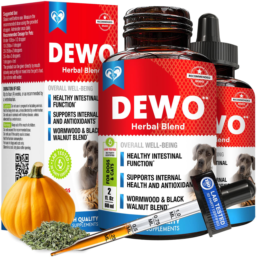 Beloved Pets Natural Intestinal Defense bottle being poured for easy dosing and gut balance