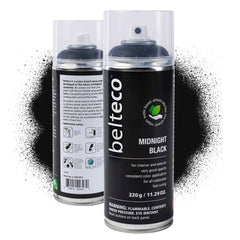 BELTECO Matte Black Spray Paint bottle, water-based and low-odor for quick indoor projects.