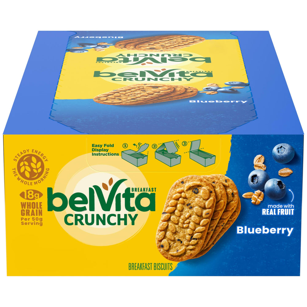 Belvita Blueberry Breakfast Biscuits pack on shelf for quick breakfast
