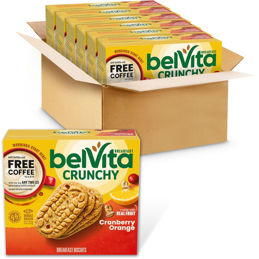 Belvita Cranberry Orange breakfast biscuit pack shown for on-the-go energy.