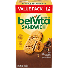 Belvita dark chocolate creme biscuits on a plate for a satisfying morning bite.