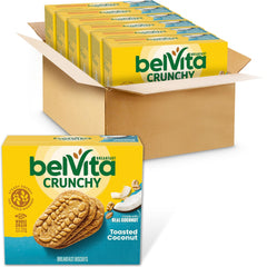Belvita Toasted Coconut biscuits on a breakfast table show bulk packaging.