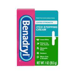 Benadryl extra-strength anti-itch cream tube provides quick relief on affected skin.