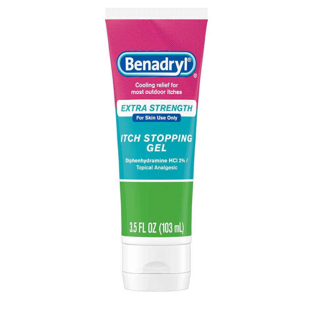Benadryl Extra-Strength Gel tube close-up for fast itch relief.
