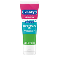 Benadryl Extra-Strength Gel tube close-up for fast itch relief.