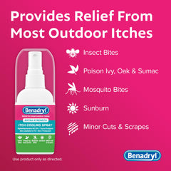 Benadryl spray applied to irritated skin demonstrating fast cooling relief.