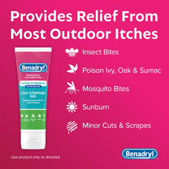 Benadryl gel applied to skin providing cooling anti-itch relief.