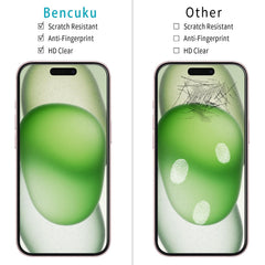 Bencuku tempered glass applied on iPhone 15 Plus demonstrates edge-to-edge coverage.
