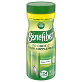 Benefiber daily prebiotic powder bottle on counter for easy use.
