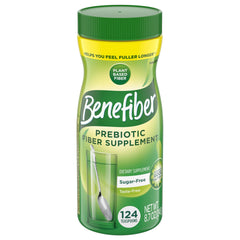 Benefiber daily prebiotic powder bottle on counter for easy use.