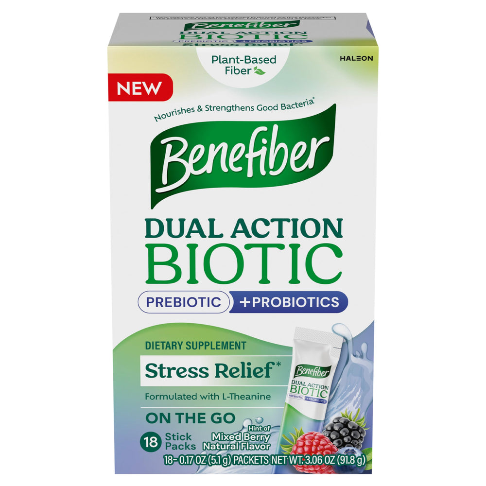 Benefiber Dual Action Biotic Plus Stress Relief stick packs with mixed-berry flavor for on-the-go support.