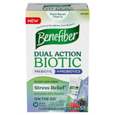 Benefiber Dual Action Biotic Plus Stress Relief stick packs with mixed-berry flavor for on-the-go support.