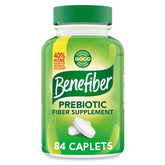 Benefiber Prebiotic Caplets bottle shows gluten-free plant-based fiber for daily digestion.