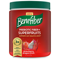 Benefiber prebiotic fiber tub with strawberry dragon fruit flavor for gut support