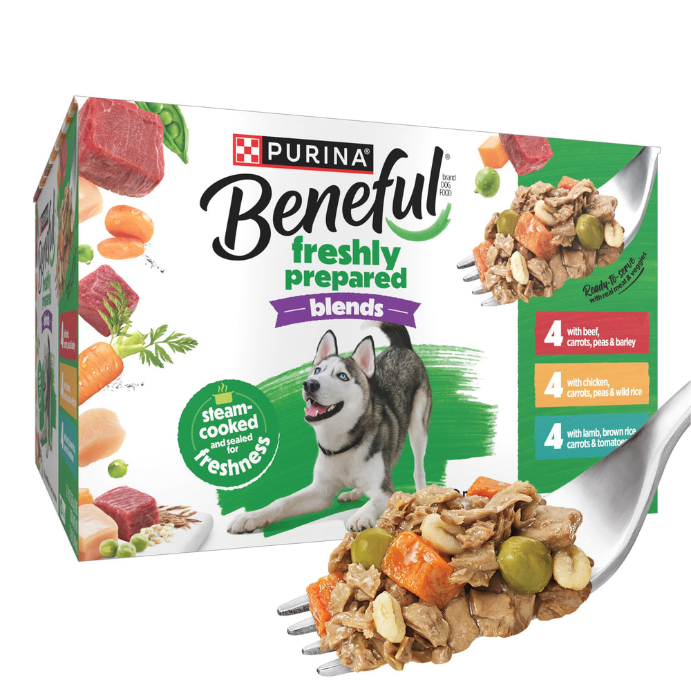 Beneful Freshly Prepared Blends beef tub showing tender shreds and gravy for a satisfying meal
