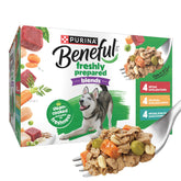 Beneful Freshly Prepared Blends beef tub showing tender shreds and gravy for a satisfying meal