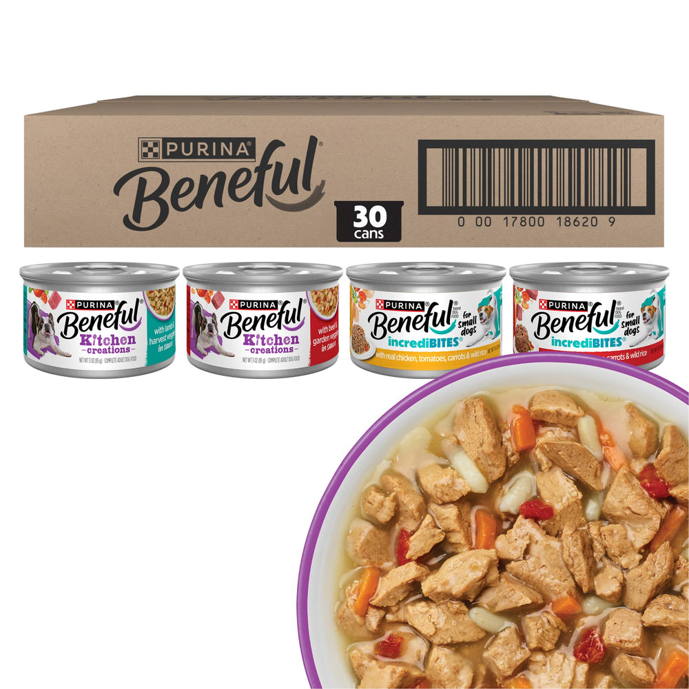 Beneful variety-pack closeup showing four recipes for variety