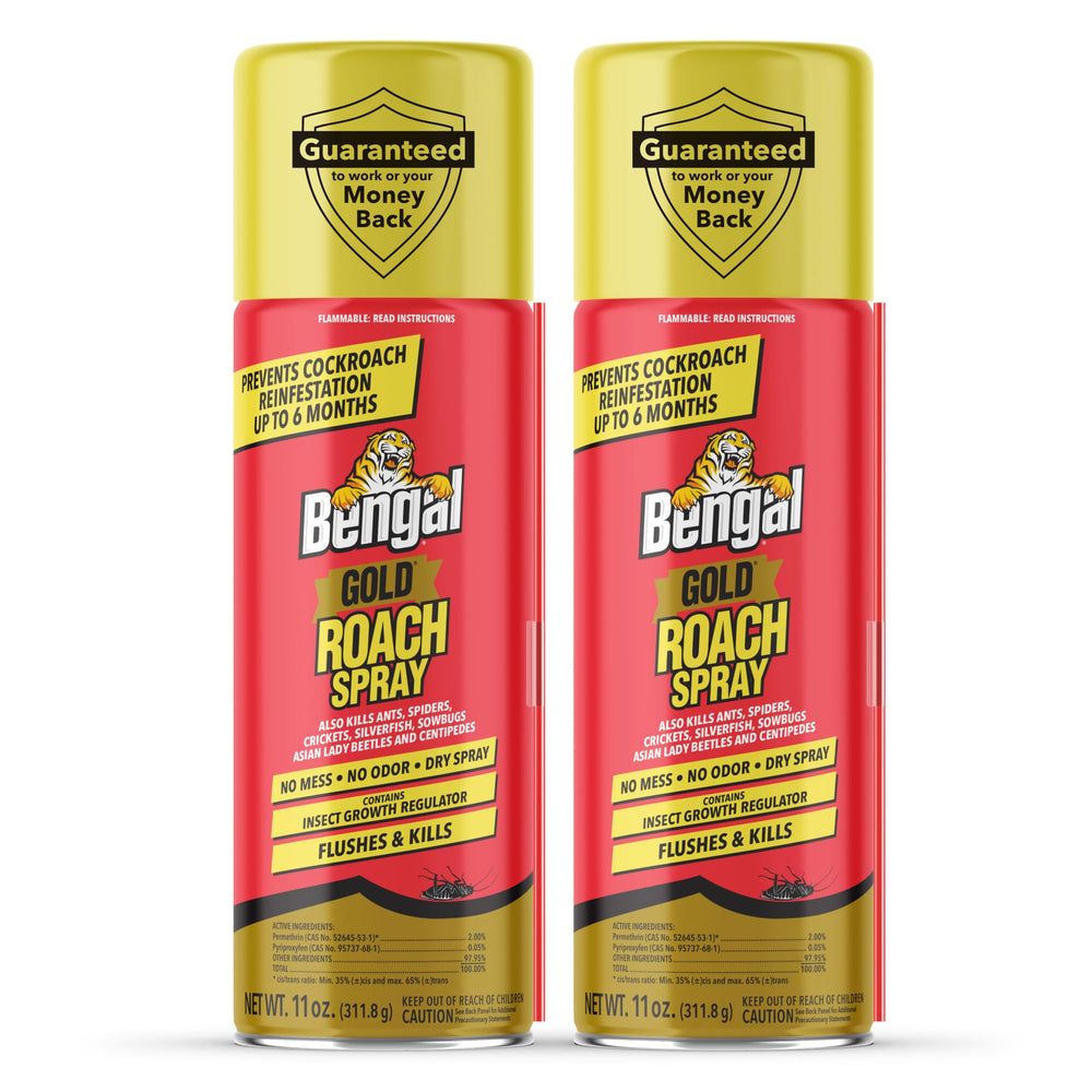 Bengal Gold Roach Spray front-label shows odorless protection for kitchens and bathrooms.