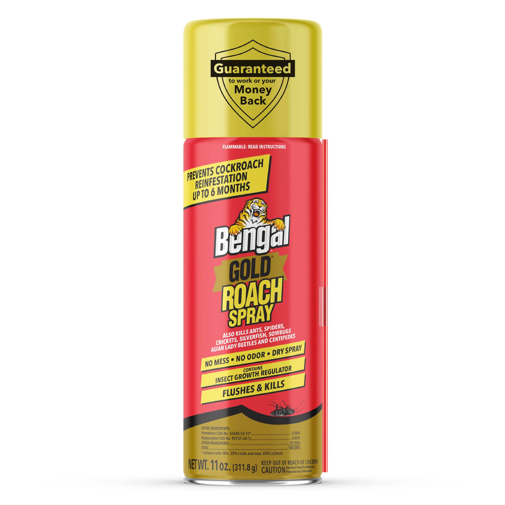 Bengal Gold Roach Spray bottle front view, odorless formula for home use