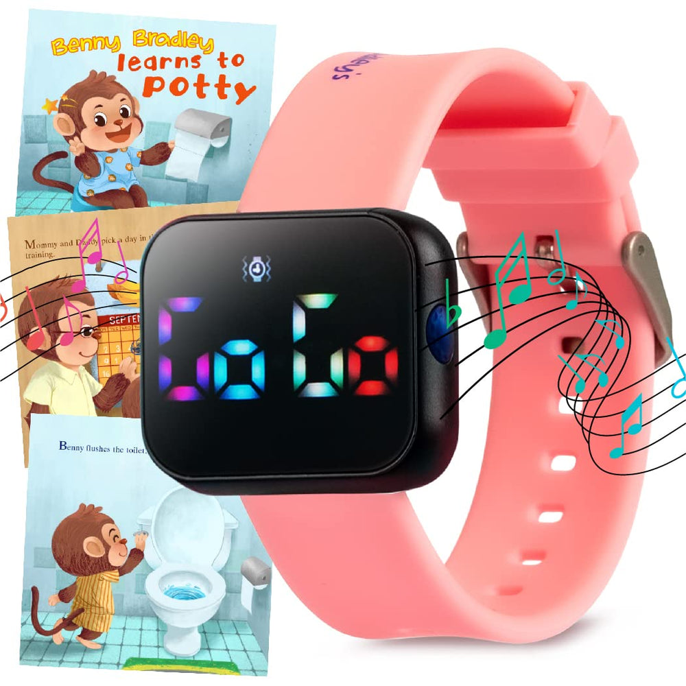 Benny Bradley's Potty Watch V2 pink on a child's wrist for gentle reminders