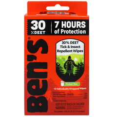 Ben's 30% DEET mosquito-tick-wipes-24-pack individually wrapped for portable use.