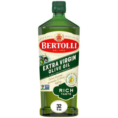 Bertolli Extra Virgin Olive Oil bottle displaying rich taste for salads.