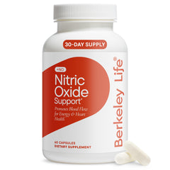 Berkeley Life Nitric Oxide supplement bottle supports daily blood flow and energy
