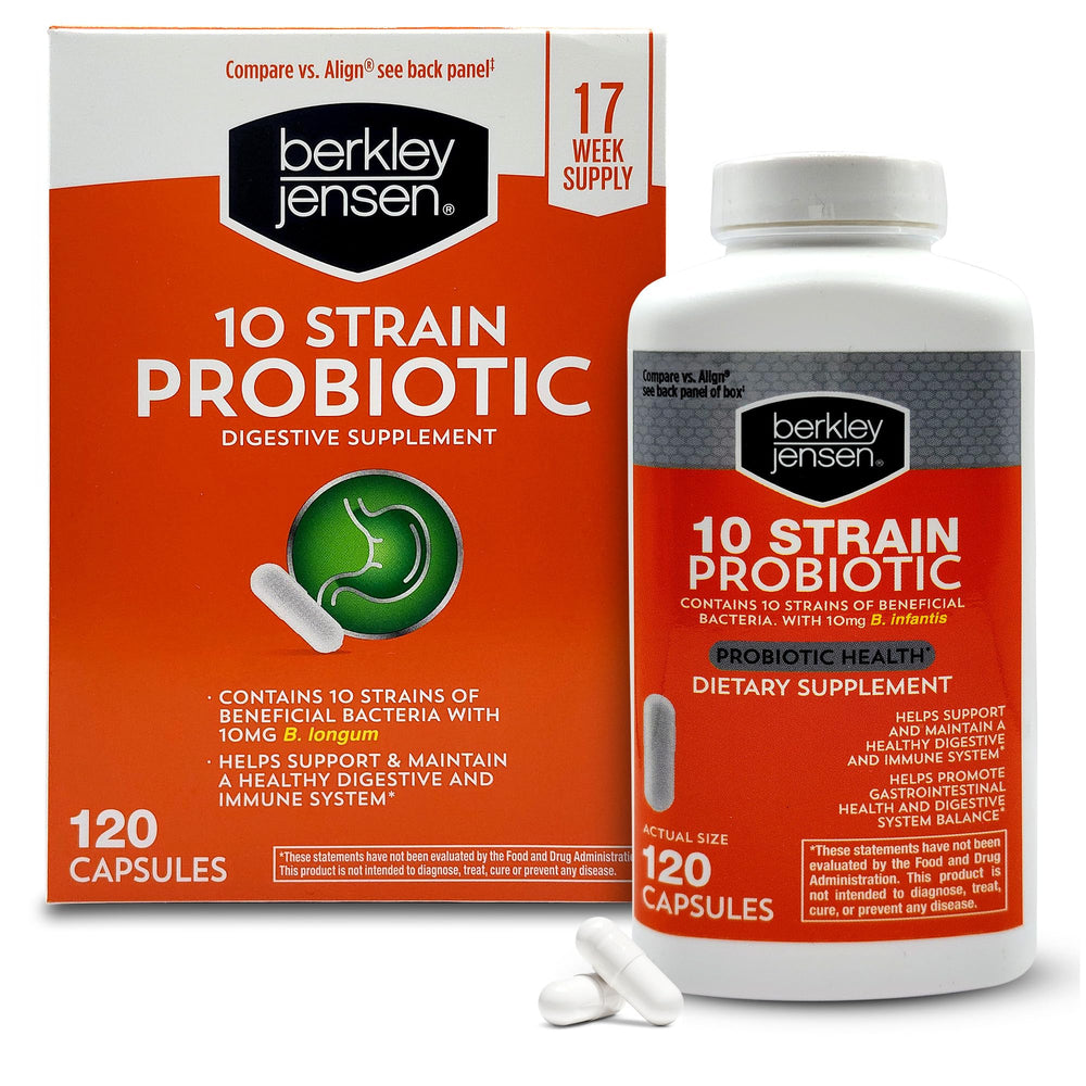 Berkley Jensen probiotic capsules bottle showing 10 strains for daily digestive balance
