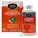 Berkley Jensen probiotic capsules bottle showing 10 strains for daily digestive balance