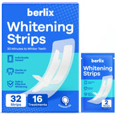 Berlix teeth whitening strips show slip-free adhesive for precise placement.