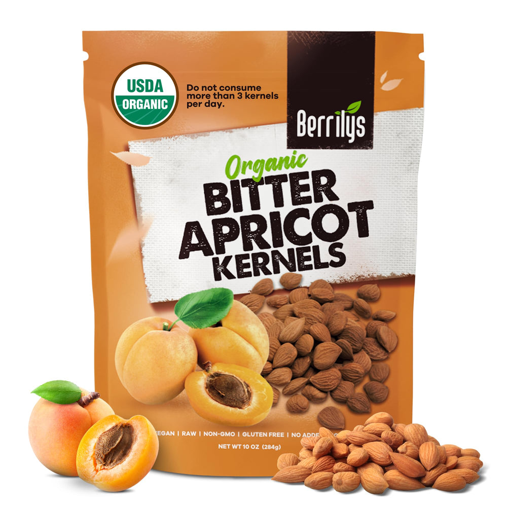 Berrilys organic bitter apricot kernels packaging showing premium pantry quality for recipes