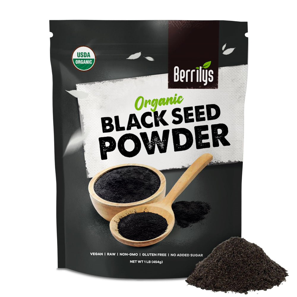 Berrilys Organic Black Seed Powder jar on kitchen counter, pure and natural.
