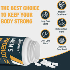Besenify Probiotics for Men capsules closeup emphasizing 60 capsules for convenience.