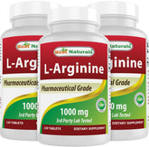 Best Naturals L-Arginine bottle label close-up showing 1000 mg dosage for daily use.