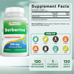 Best Naturals Berberine 500mg label shows serving size and ingredients.