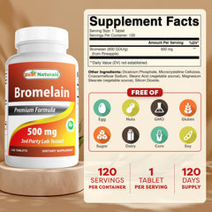 Best Naturals Bromelain tablets closeup showing 500 mg per tablet